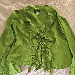 Silk Lime Green Ruffle Front Blouse